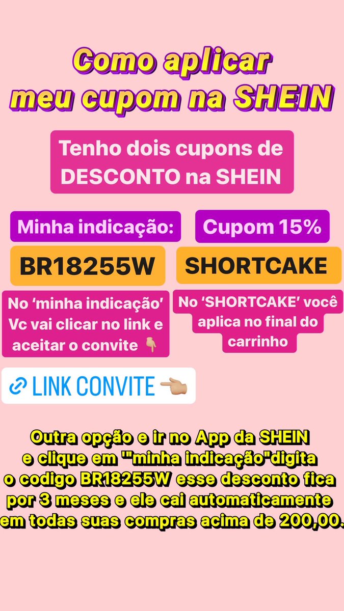 XavesAline's tweet image. Compre mais barato na SHEIN 🩷 Vá em perfil &amp;gt; minha indicação &amp;gt; digite o código 👉🏼 BR18255W

#sheinlove #sheinbr #shein2023