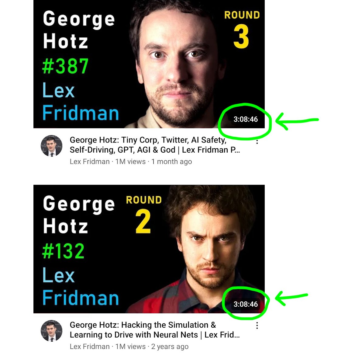 Lex Fridman on X: I was just made aware that the last two podcasts I did  with @realGeorgeHotz are exactly the same duration, to the second 🤯 Notice  how the topics include: 