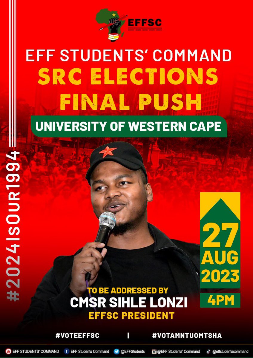 EFFYouthCommand's tweet photo. ♦️Media Alert♦️

EFFSC President, Commissar @SihleLonzi, will address the EFFSC UWC SRC ELECTIONS FINAL PUSH. 

UWC is the home of the EFFSC and the EFF!

2024 is our 1994

#RegisterToVoteEFF DIAL: *134*20024#

#VoteEFFSC #VotaMntuOmtsha https://t.co/dKl1gD4DTH