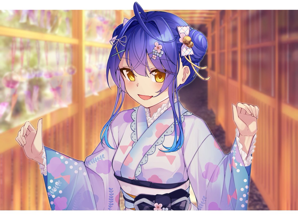 1girl kimono japanese clothes solo blue hair hair ornament hair bun  illustration images
