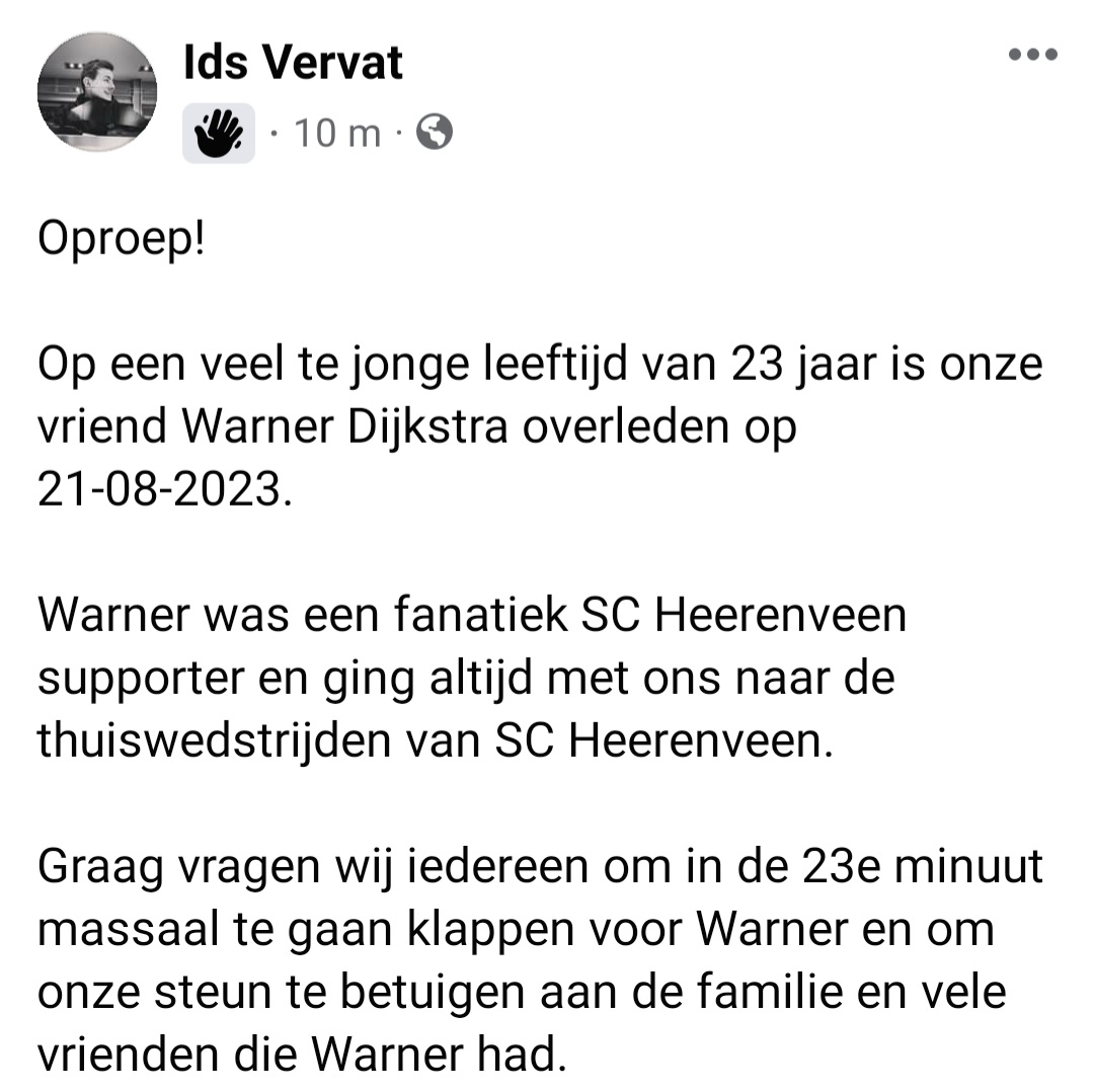 uilketadema's tweet image. Gecondoleerd en sterkte met het verlies van deze Feanfan op veel te jonge leeftijd. Hopen op een mooi moment van herdenking en eerbetoon in de 23ste minuut in het stadion voor hem.

🙏🤍💙2️⃣3️⃣