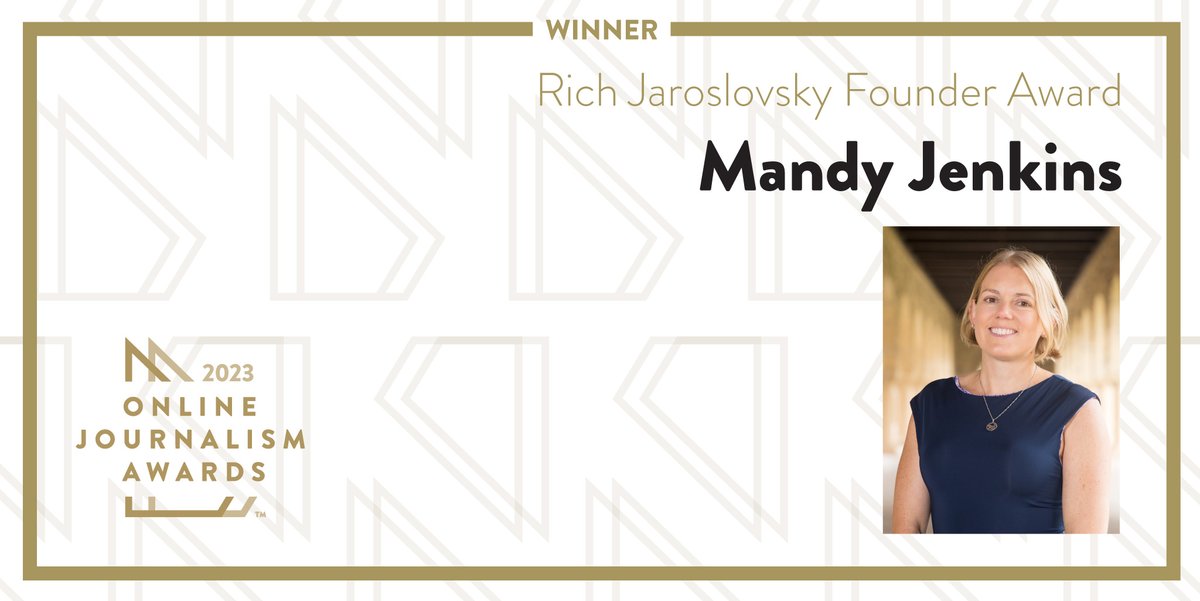 We’re proud to honor Mandy Jenkins, beloved past ONA board president and digital news pioneer, as the posthumous recipient of the 2023 Rich Jaroslovsky Founder Award. awards.journalists.org/entries/mandy-… #OJA23