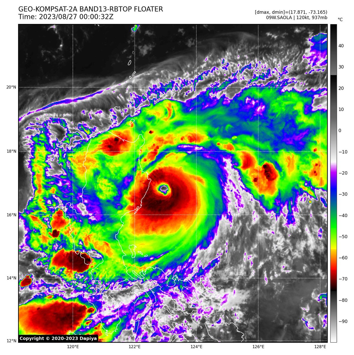 marvinoloris's tweet photo. CAT-4 (1-min) #Typhoon #Saola #GoringPH at probably its nearest point from #Luzon in #Palanan, #Isabela. Erratic tracks so far; landfall not expected in the #Philippines. @dost_pagasa have this as a Super Typhoon now (10-min), but infrared imageries do not seem to support it. https://t.co/rhvlnmBFud