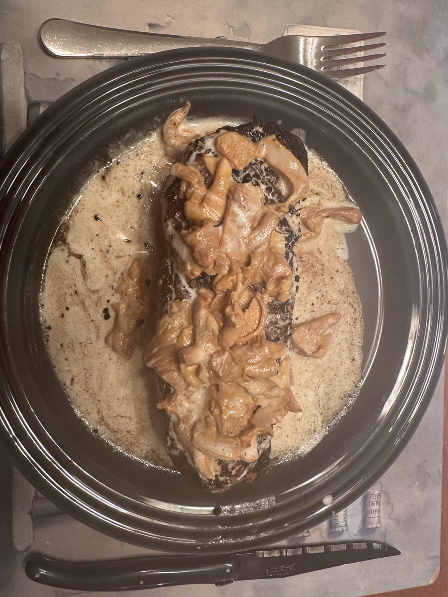 Anderson’s striploin with chanterelle cream sauce. Yum!