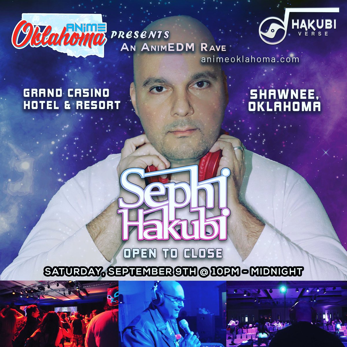 SephiHakubi's tweet photo. Oi! Oi! It’s official! On September 8-10, I will return to #AnimeOklahoma to DJ the best collection of #AnimEDM, #Trance, and #HardDance #rave tunes! Check out https://t.co/2wOiapm1oN and get your passes now and let’s party together my friends! #anime #cosplay #animerave https://t.co/Jw6QT8Ghc3