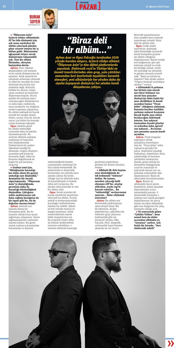 🖋️ “Biraz deli bir albüm…”

Burak Soyer, 40gece ile konuştu. #Bugün PencerePazar'da! gazetepencere.com/biraz-deli-bir…