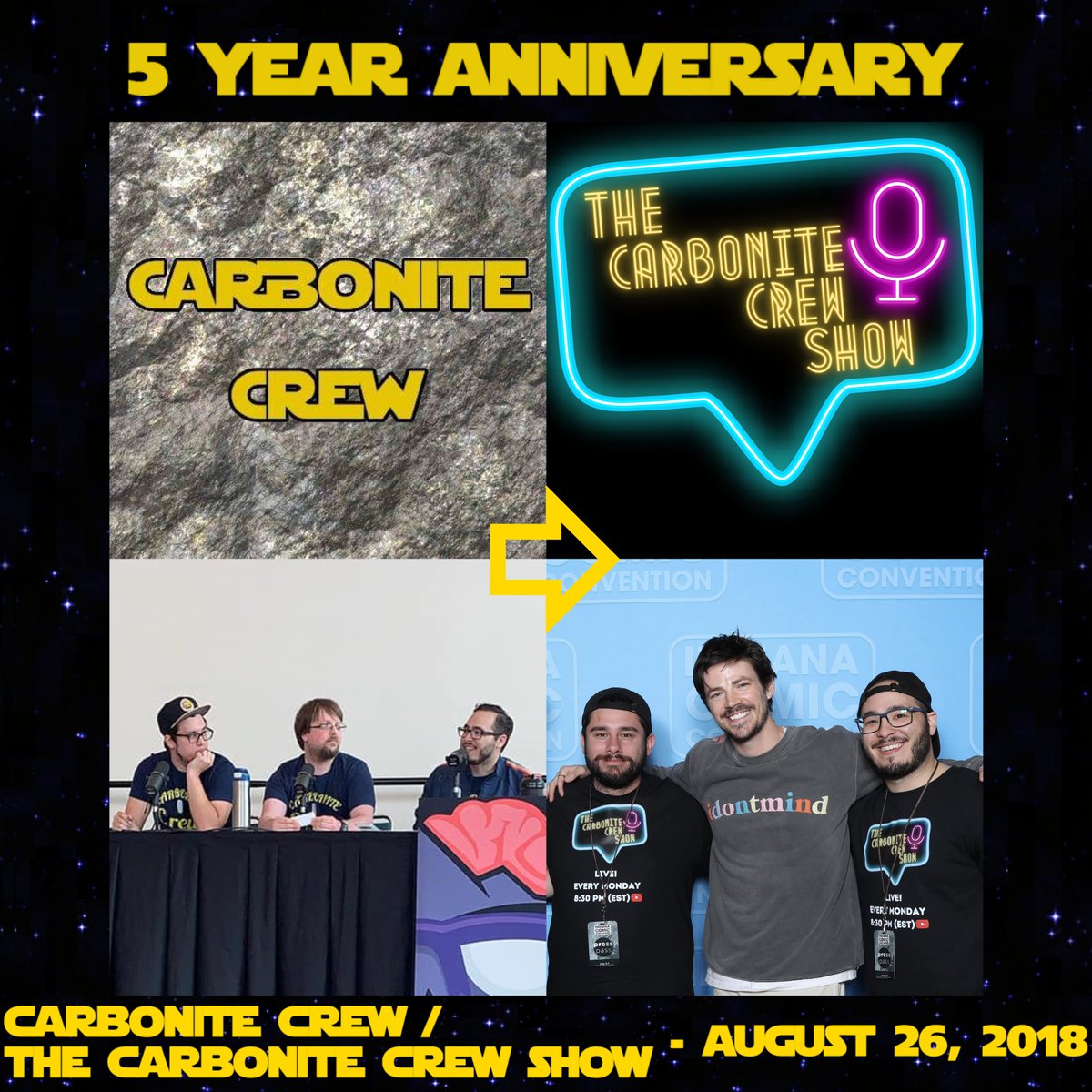 'Star Wars &amp; more' podcasting for half a decade✳: <a href="/CarboniteCrew/">The Carbonite Crew Show</a> premiered 5 years ago today, on August 26, 2018.

Congrats to @thatpodcasthost, Daniel, Jonathan, @CarboniteSteven and all their listeners for reaching this goal.

Daniel (<a href="/StarWarsNowThis/">Star Wars, Now THIS Is Podcasting!</a>)🙂👍🏾