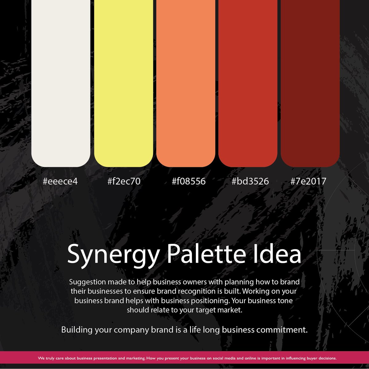 OrgSynergy's tweet image. Synergy Palette Idea [14 of 20]

Work at solidifying your business image to help marketing agencies able to better market your business. Let&apos;s work on your business. synergy-gs.co.za #SynergyGraphicSolutions