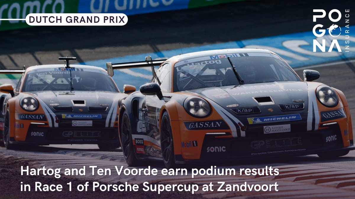 GP Elite have scored a second ever double podium result in the #PorscheMobil1Supercup. Loek Hartog and Larry ten Voorde prevailed in a challenging first race of the Zandvoort doubleheader, part of the #DutchGP support program. They finished in second and third spot, respectively.
