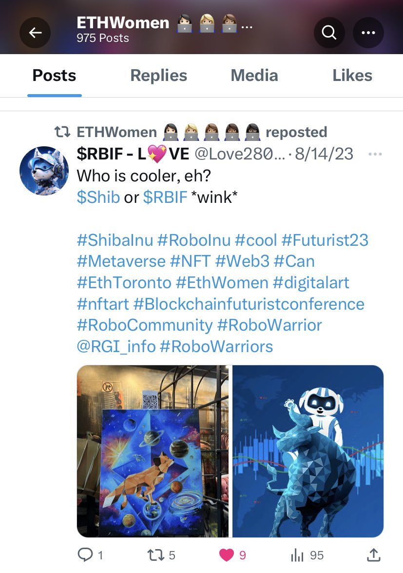 Proud to see @Ethereum_Women reposted my humor tweet, teasing our “Inu” sibling, #ShibaInu 🐶😉. Thank you #EthWomen for your outstanding work at the #Futurist23 🚀💪. I’m very proud of you all! 👏💖
#RoboInu @RGI_info 
#Blockchain #Toronto #Canada🇨🇦 #Web3 #DeFi #Metaverse #Shib