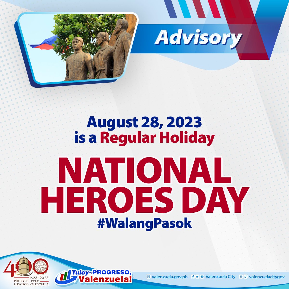 valenzuelacity's tweet photo. ADVISORY: In observance of National Heroes Day, City Hall offices (except COVID-19 and emergency response offices) will be closed on August 28, 2023.
#VCVax operations at the People’s Park, on the other hand, will continue as usual. https://t.co/O9rMvnLG7b