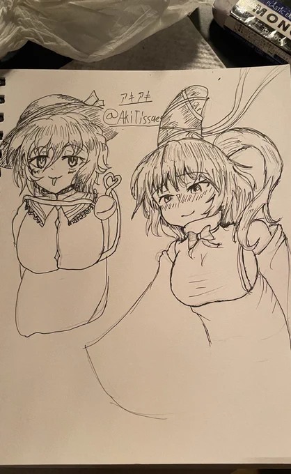 寝ないで早朝お絵描き部 アナログイラストとか3〜4年ぶりだったけど意外となんとなるし楽しい!!  おっぱい