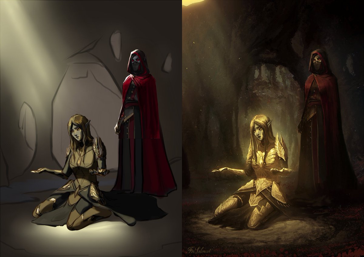 Gift and cooperative art with <a href="/Erin_xiao/">xr</a> 
These are both her characters. She drew the Dark Elve, and I drew others.
#darkelf #elf #oc #art
