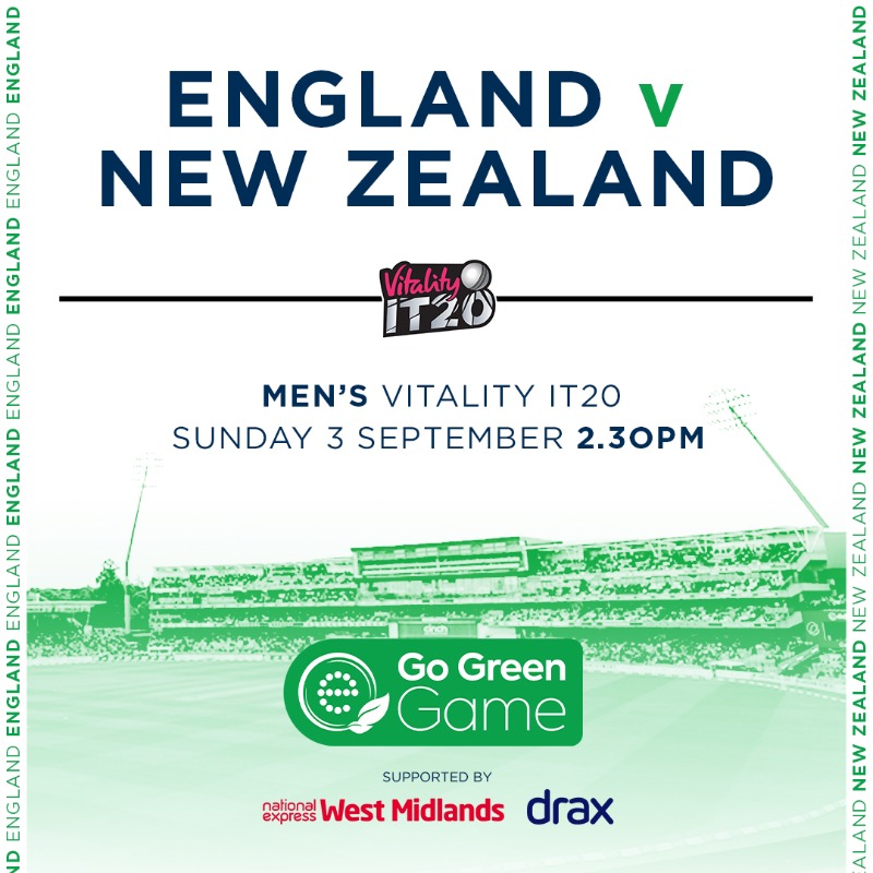 Edgbaston's tweet photo. It's our 𝗚𝗼 𝗚𝗿𝗲𝗲𝗻 𝗚𝗮𝗺𝗲 ♻️

🆚 New Zealand, Men's IT20.
🏟️ Gates open 12.30pm.
🚌 Free bus travel via @nxwestmidlands.
📲 Have your tickets ready via our app. 
🏏 Play starts 2.30pm.

#Edgbaston | #ENGvNZ