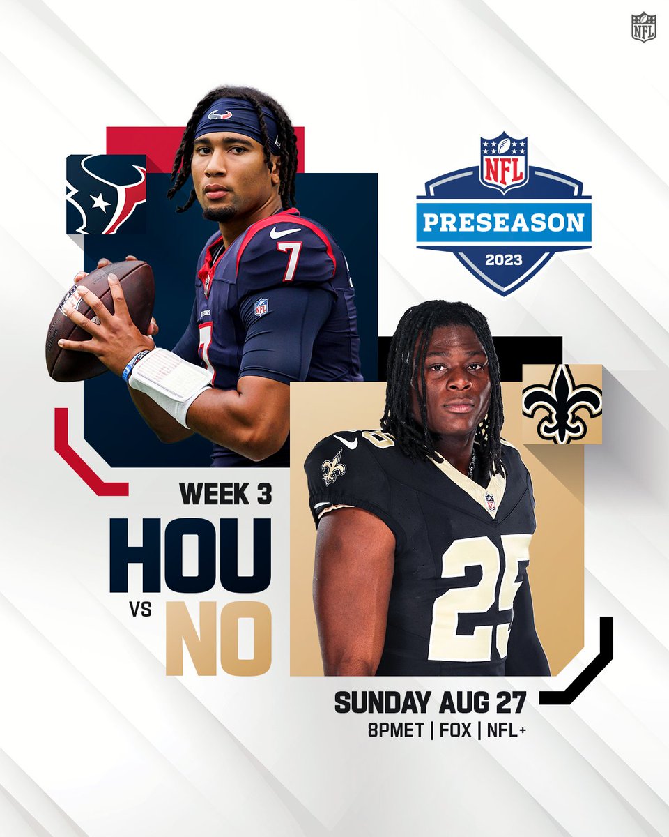 Who will close out #NFLPreseason with a win? 👀

📺: #HOUvsNO 8pm ET on FOX
📱: Stream on #NFLPlus bit.ly/47GPlRU