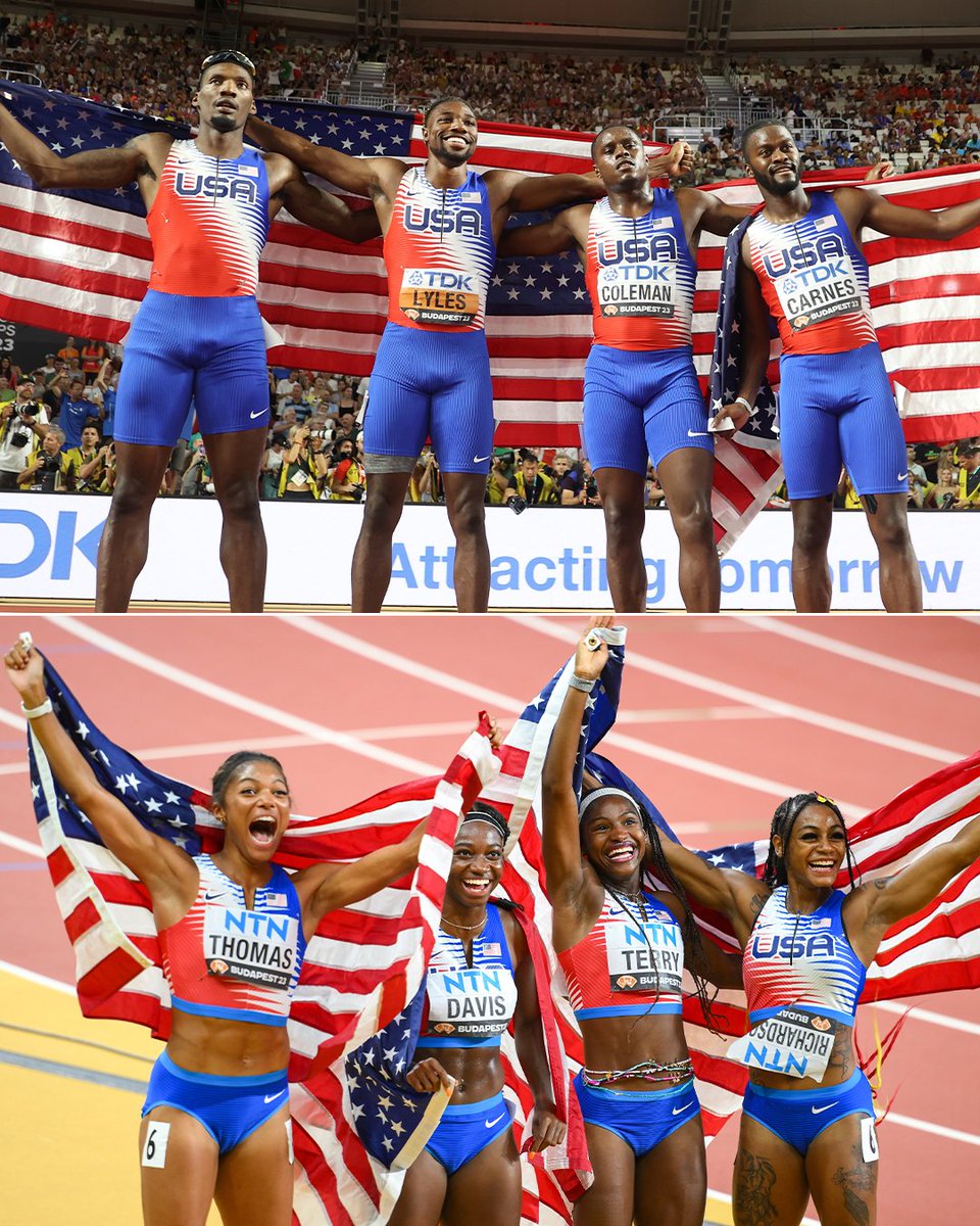 SportsCenter's tweet photo. Team USA sweeps in the 4x100m relay‼️ 

The men and women 4x100m relay teams both win gold at the World Championships for the first time since 2007 🥇 https://t.co/lnj4Lmll4X
