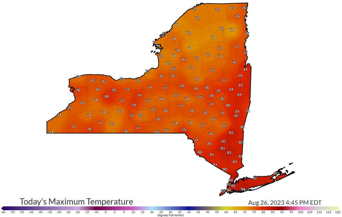 NWSAlbany's tweet image. Feeling-like summer! Here is a look at the high temperatures so far today courtesy of the @nysmesonet. Western New England has maxed out in the upper 70s to low 80s. High humidity has made it feel even warmer. Relief from the warmth/humidity tomorrow. #nywx #mawx #ctwx #vtwx