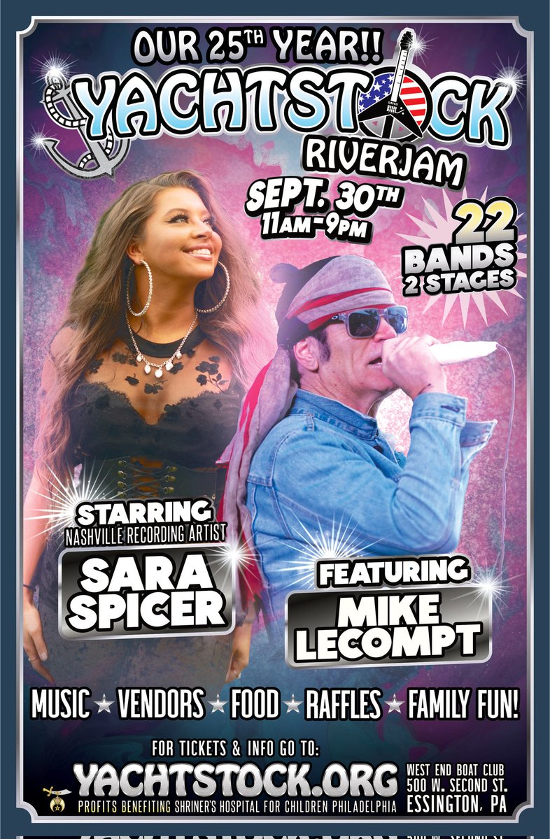 Yachtstock's tweet photo. 25th ANNUAL YACHTSTOCK RIVERJAM 9-30-23 - 22 Bands on 2 Stages! Benefits Shriners Hospitals Philadelphia. #essington
#musicfestival #lecompt #shriners #Delco #livemusic
https://t.co/0jFyNHrY5W https://t.co/oGT59QKo3E