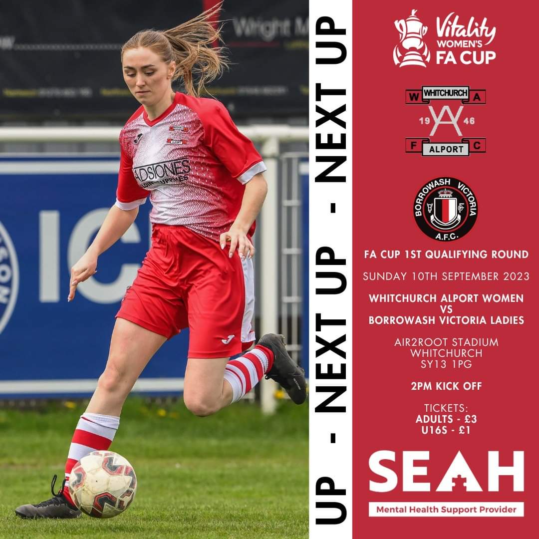 AlportWFC's tweet photo. 📣 THE CUP IS COMING TO TOWN 📣

Make sure to keep your Sunday free on 10th September!

🗓 Sunday 10th September
🆚 Borrowash Victoria Ladies
🏆 @FACupWomens
📌 @air2rootltd Stadium
🕑 2pm KO - 1pm gates open
🎟 £3 entry | £1 for under 16s

🟥⬜️ #WeAreAlport https://t.co/m8NOr9dZAm