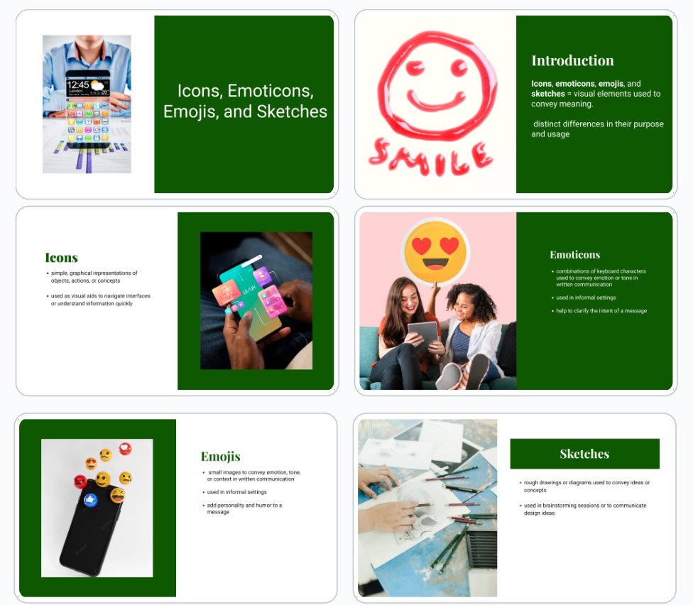 PolyHolmgren's tweet image. Used AI to create slides explaining differences among icon, emoticon, emjoi, and sketch for vocabulary process in 10th grade English @PasadenaPoly. Light editing (bullets, not sentences; fonts). AI to create image for final slide - experimented with parameters a bit. #PolySolves