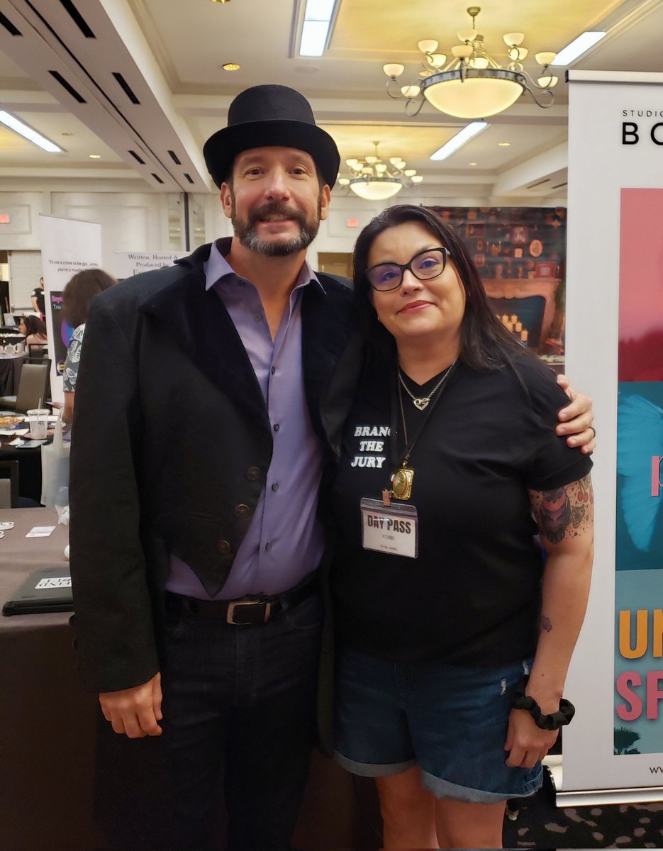 Missy_Mayhem's tweet photo. I got to meet Bob Motta OMGeeee! And I got to meet a fellow Bo from #JBN! Carly came over & asked "Is that a Jay shirt?" She came all the way from Arizona to see @defense_diaries, so awesome!! #TCPF23 https://t.co/eWdOrGGof7