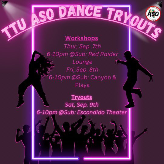 TTU_ASO's tweet photo. Make sure to come tryout out for the ASO Dance Team💃🕺 https://t.co/3aD6OH2ROE