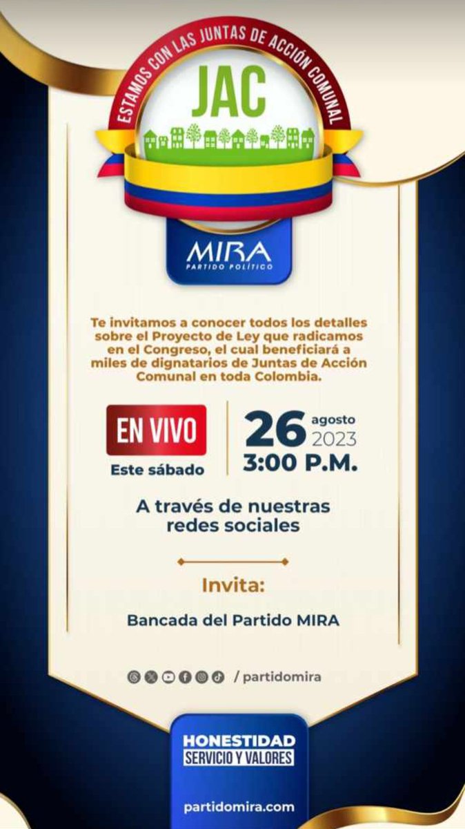 Estamos en VIVO con #MIRAconLasJAC únete y conocé el decreto de Ley que radicó el <a href="/PartidoMIRA/">Partido MIRA</a> en el congreso,  el cuál beneficiará a Miles de dignatarios de las JAC en toda Colombia 🇨🇴💙💙🥳🥳🥳
<a href="/HeyderGomez/">Heyder Gómez Díaz</a> <a href="/LuzSevillano/">Luz Stella Sevillano</a>  <a href="/Virguez/">Manuel Virgüez Piraquive</a> <a href="/AnaPaolaAgudelo/">AnaPaolaAgudelo</a> <a href="/irmalherrera/">Irma Luz Herrera Rodríguez🏛️🇨🇴</a> <a href="/carlos_guevara/">Carlos Edo Guevara</a>