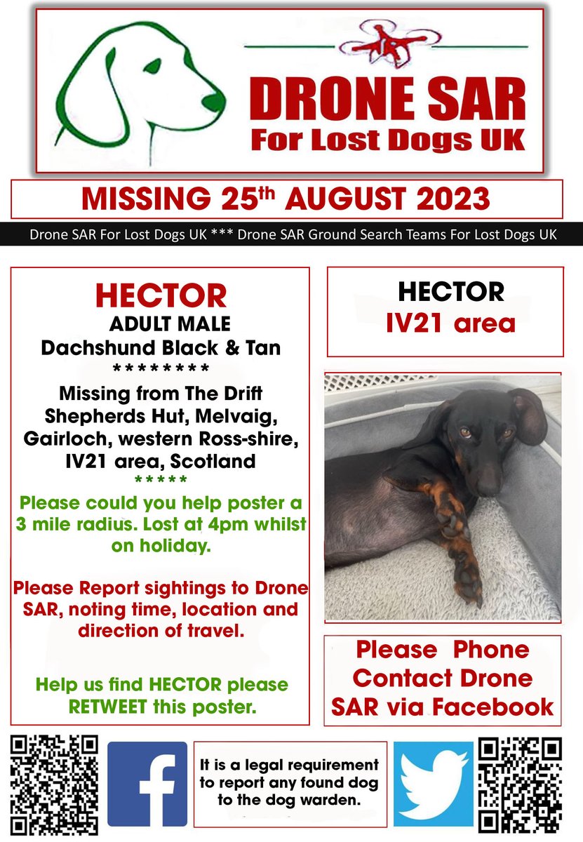 #LostDog #Alert HECTOR
Male Dachshund Black &amp; Tan (Age: Adult)
Missing from The Drift Shepherds Hut, Melvaig, Gairloch, western Ross-shire, IV21 area, Scotland on Friday, 25th August 2023 #DroneSAR #MissingDog