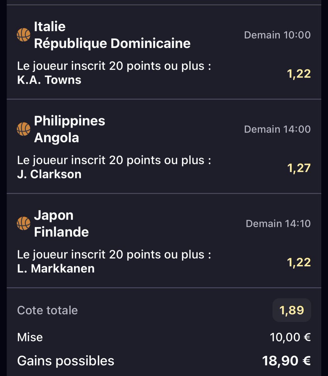 DonkeyPronos's tweet photo. #FIBAWC  🏀 | 27/08 🗓

➔ KAT + Clarkson + Markkanen 20 pts @ 1.89

➔ SGA + 10,5 RP @ 1.81

➔ Patty Mills +22,5 PRP @ 1.82 

➔ Gobert +10,5 R @ 1.65 

♻️❤️ Si tu soutiens 

#TeamParieur https://t.co/b7COBgFSYE