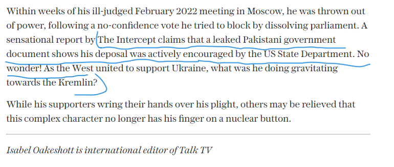 RealWaqarMaliks's tweet image. برطانوی جریدہ دی ٹیلی گراف لکھتا ہے کہ دی انٹرسپٹ کی سٹوری میں بتایا گیا کہ عمران خان کو نکالنے میں امریکہ نے کردار ادا کیا۔ اس میں کوئی شک نہیں کیونکہ جس وقت مغرب یوکرائن کیساتھ کھڑا تھا عمران خان روس کے دارلحکومت کریملن میں کیا کر رہا تھا
