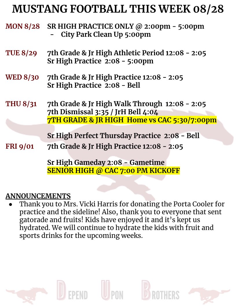 This upcoming weeks schedule! Onto CAC! Go Mustangs!