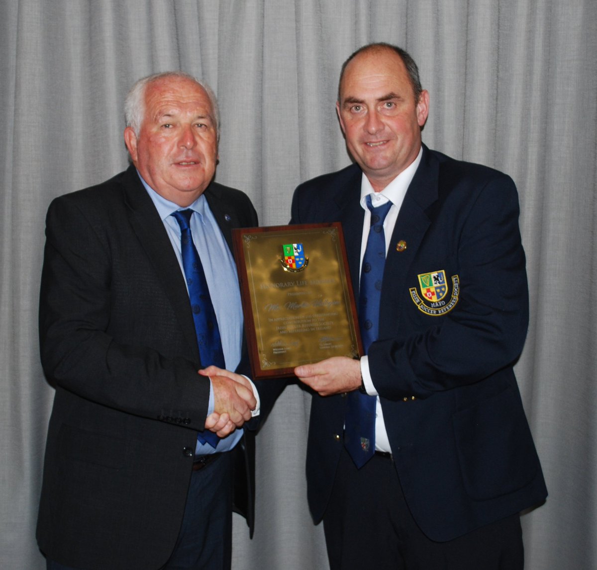 RefereeIreland's tweet image. Congrats to Martin Halligan, Mayo Branch  and Society Treasurer, who was bestowed with Honorary Life Membership by outgoing Society President, William Long at our triennial meeting in Portlaoise today.