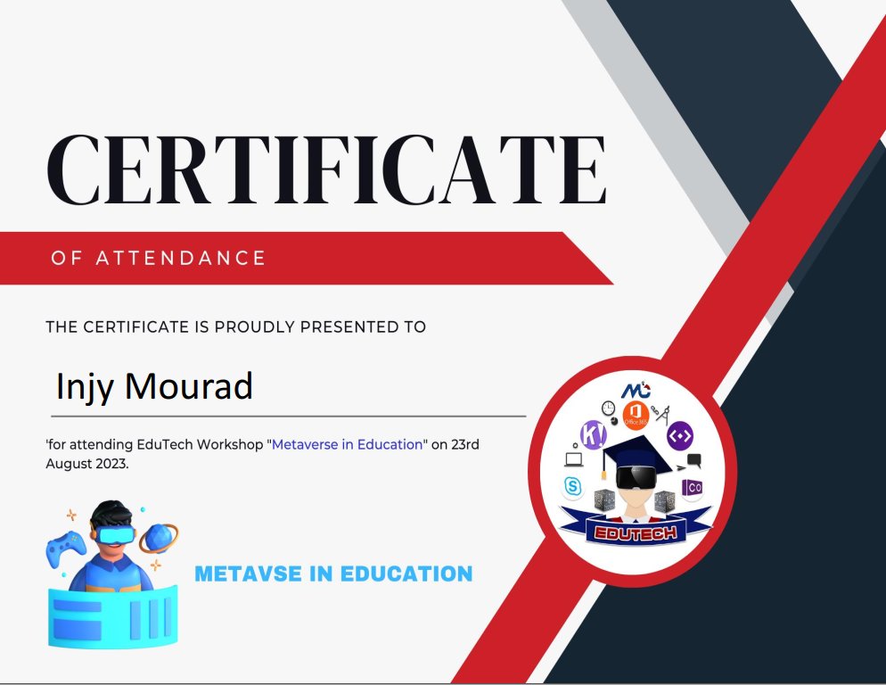 MouradInjy's tweet photo. Thanks, Ms.@omniaismail1711 for your outstanding and extraordinary training 👏💪🤩 about the #AI 🤖 in the classroom &amp; the #metaverse 📲  
I was so pleased to attend and proud to get these two certificates. ❤️😍
p.s. Special thanks for the chocolate 😁🍫 https://t.co/1vSKp2Vm91