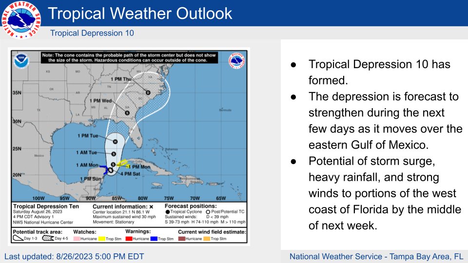 🌀8/26 5pm Tropical Depression 10 Update🌀
📍 The Depression 10 is forecast to strengthen during the next few days.
Although it is too soon to specify the exact location and magnitude of impacts, residents in these areas should continue to monitor updates to the forecast.

#FLwx
