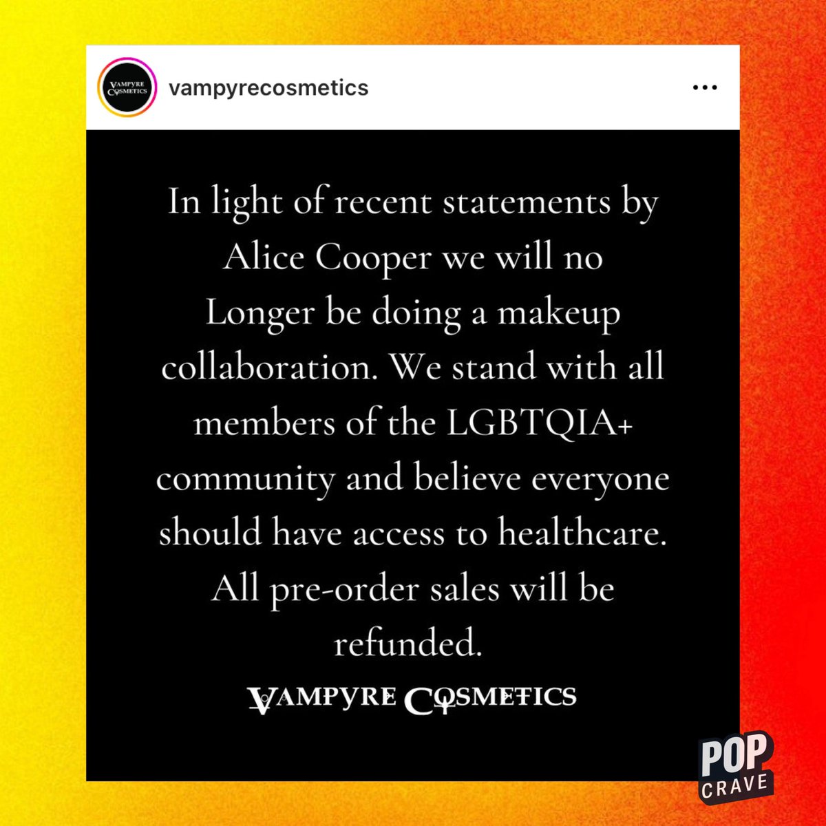 PopCrave's tweet photo. Alice Cooper has been dropped by makeup brand Vampyre Cosmetics after the singer made several anti-trans comments in an interview earlier this week. https://t.co/vYfSCgGWm8