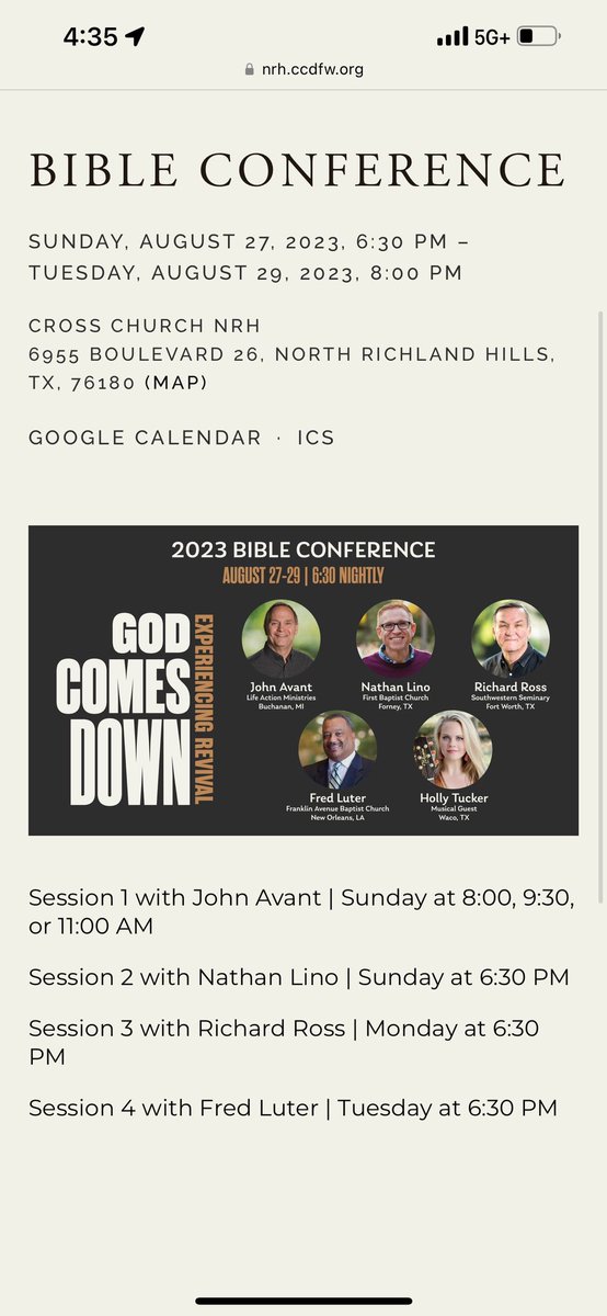 Our 2023 Bible conference begins tomorrow with <a href="/johnavant/">John Avant</a>. Please join us at the NRH campus.

We are joined by <a href="/nathanlino/">Nathan Lino</a> tomorrow evening at 6 pm.

The focus for our three days together is spiritual awakening and revival.