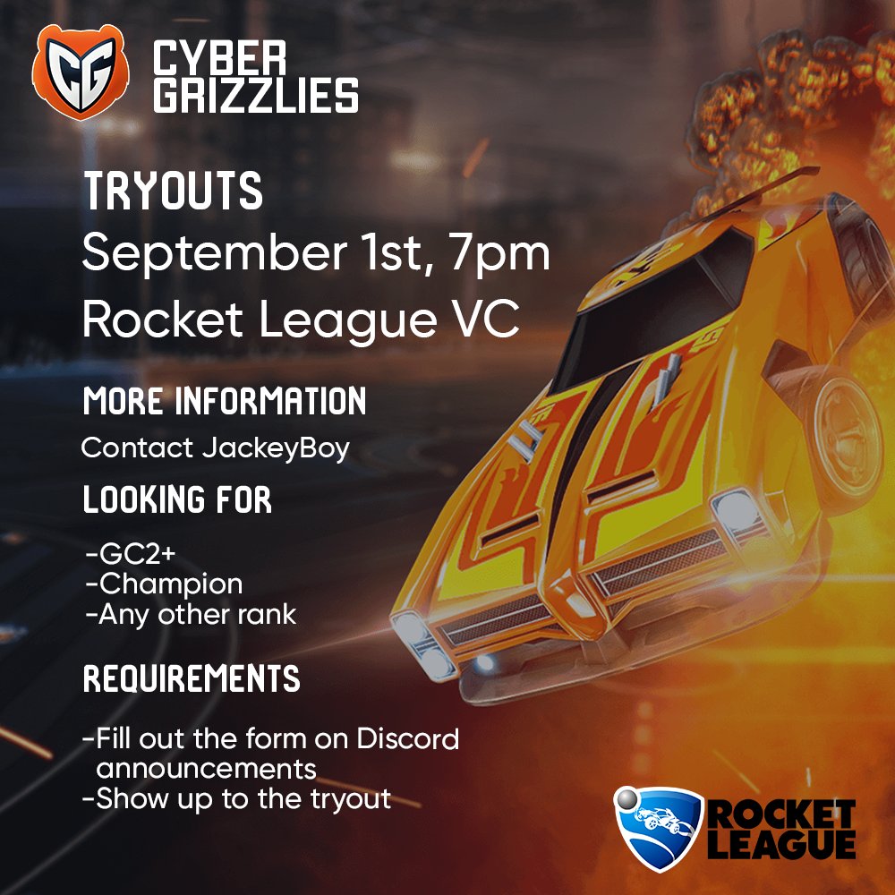 CyberGrizzlies's tweet photo. Attention #RocketLeague  players! 🎮Our Rocket League team is holding tryouts, and we want you to join us.
More information contact @JackeyB0y  in our Discord

@GCSA_Barrie @georgiancollege @GeorgianREC @GeorgianGrizz 

#georgiancollege #bewarethebear #esports https://t.co/y32F0RlktB