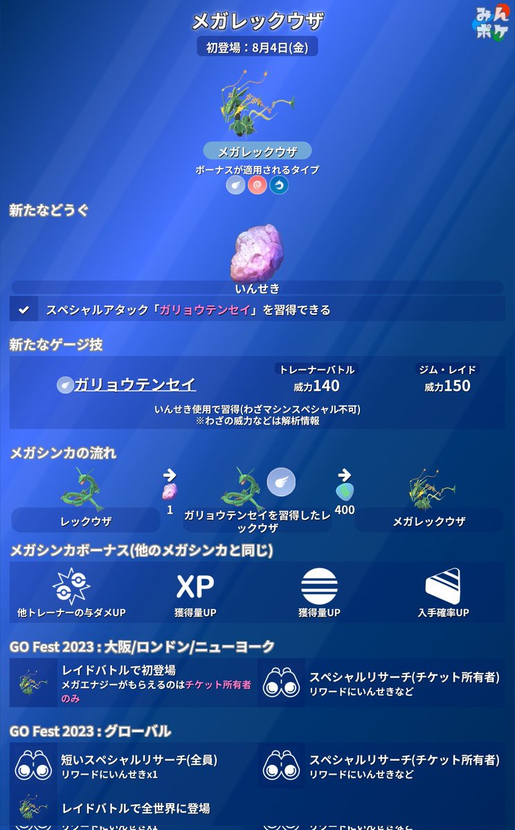 pokemongo_db's tweet photo. 【GO Fest 2023：グローバル】
本日2日目に全トレーナーに配布されるスペーシャルリサーチの詳細をまとめました。
✔全部で2ページ
✔レックウザがガリョウテンセイを覚えるのに必要な「いんせき」がもらえる
 https://t.co/IHTQJ7UyIt #ポケモンGO https://t.co/pSifm2YqtR