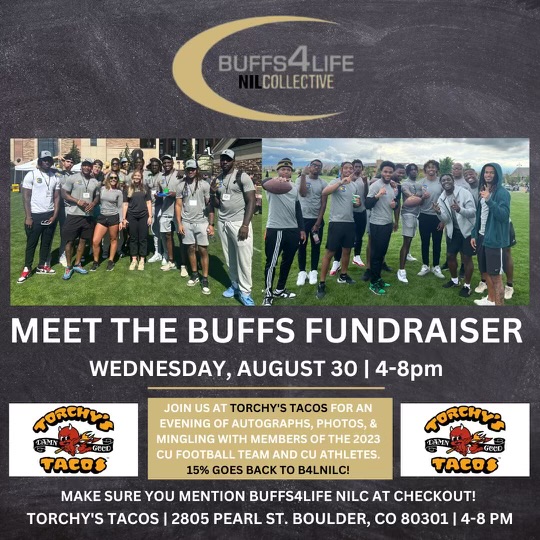 Buffs4Life1's tweet photo. If you love tacos and you love the Buffs, you should come to Torchy's Tacos in Boulder on Wednesday, August 30th. Meet some Buffs Football, Volleyball and WBB players, enjoy yummy food and have a good time. We hope to CU there! @B4LNILC
#B4L #WeCU #NILC #Torchys https://t.co/fVuGztlsiB