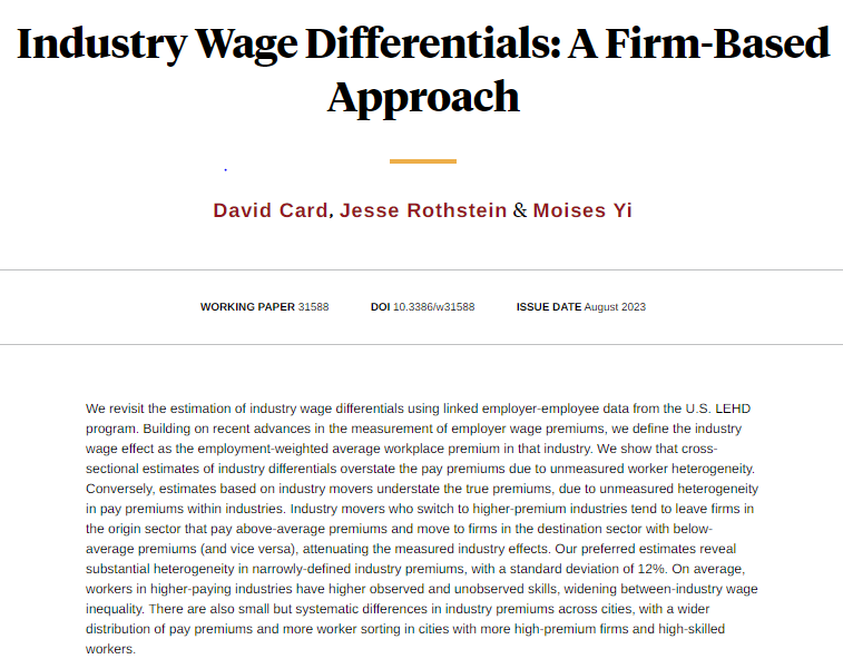 New estimates of industry wage differentials based on employer-level premiums improve on both cross-sectional and industry movers designs, from David Card, @rothstein_jesse, and <a href="/MoisesYi3/">Moises Yi</a> nber.org/papers/w31588