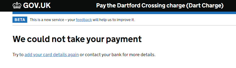 OverlandingWA's tweet photo. @DartCharge I have tried to pay a manual £5 charge today using 3 different bank cards and your system will not take any of them. I also tried across 3 different devices and same issue. Please can you confirm I will not be penalised for this? https://t.co/fOI9cybl0i