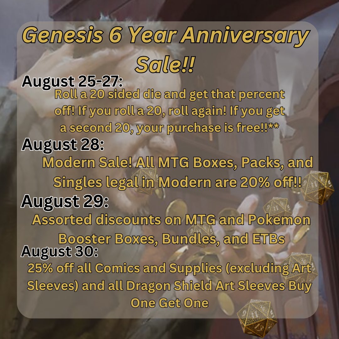 ComicsGenesis's tweet photo. Don’t miss out on all of our 6 year anniversary sales!!!
-
#lgs #supportsmallbusiness #supportyourlgs #mtg #lorcana #pokemon #comics #tcg #genesiscng #magicthegathering https://t.co/lfCgGyz2eU