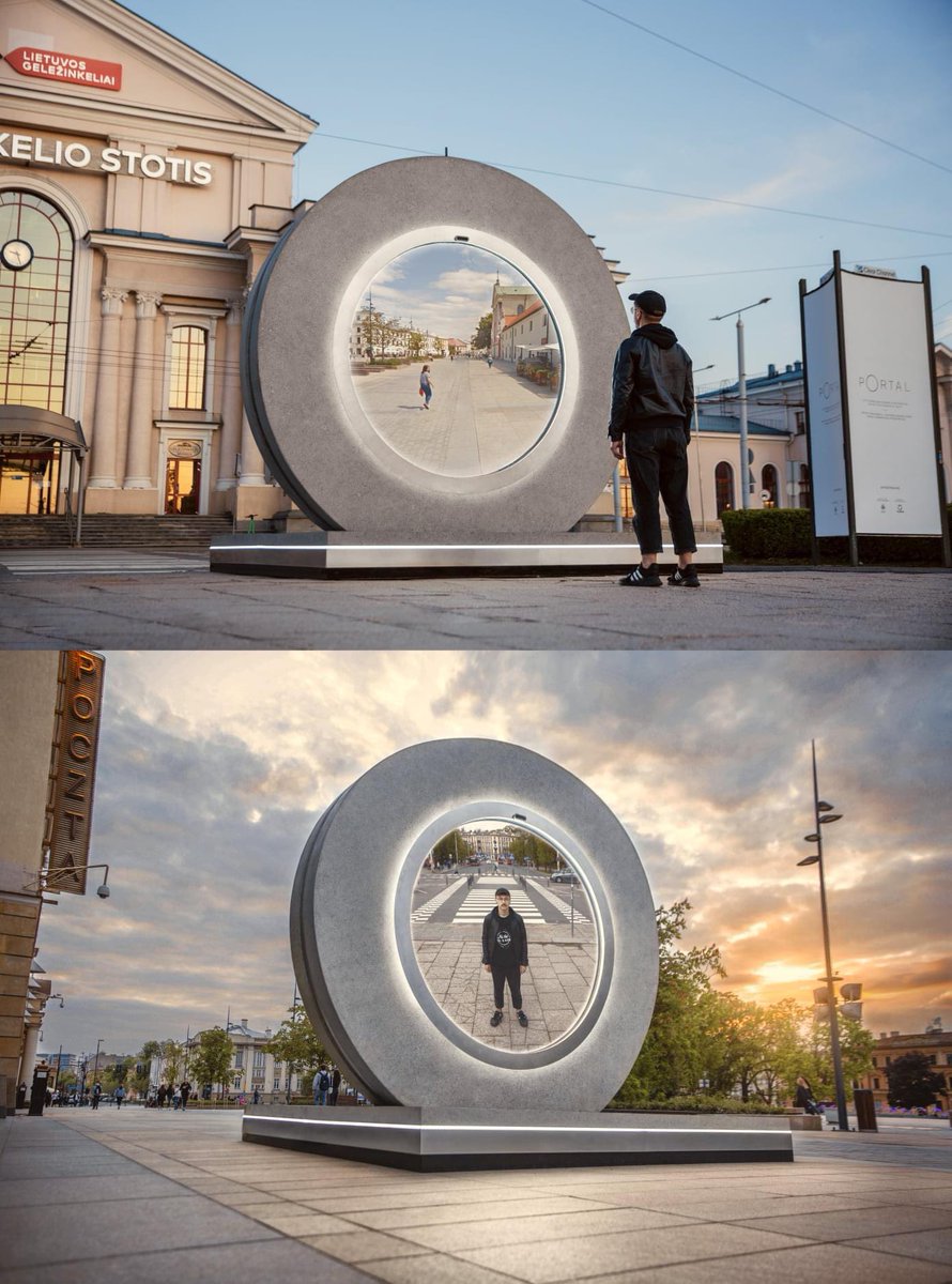 thegallowboob's tweet photo. Lithuania and Poland built a ‘portal’ connecting two of their cities: Vilnius and Lublin. It allows people to see each other in real-time. https://t.co/6JZl2qAHAw