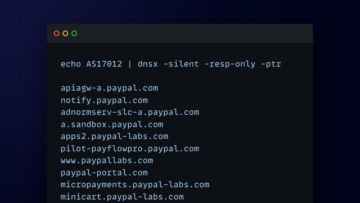 pdiscoveryio's tweet photo. How to use dnsx to extract subdomains from an ASN using PTR query! 👇

Install dnsx today 🔗 https://t.co/1319t7GcEd 

#hackwithautomation #security #recon https://t.co/vgjXhONIgR