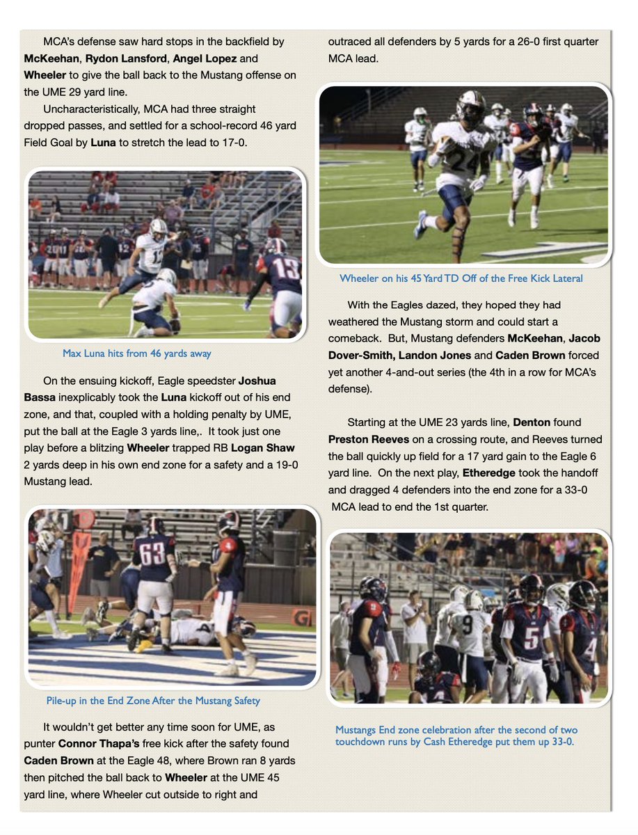 MCA_MUSTANGS's tweet photo. 4-Page Digital Game Recap  MCA Varsity Football 43-0  opening night win vs the UME Eagles.  Lots of players mentioned. If you missed the game or want to relive the big win, all you need is here! https://t.co/rEwbcHTbQH