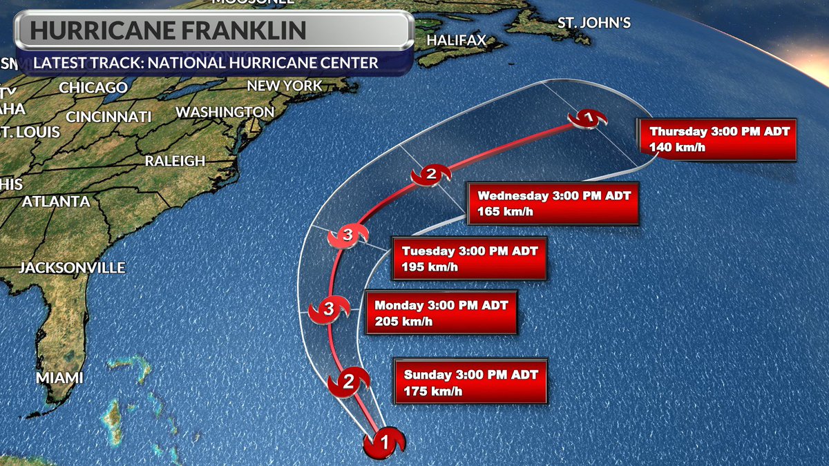 allistercanada's tweet photo. The south and east trend with #Franklin continues. The centre of the hurricane is set to remain south of both Nova Scotia and Newfoundland. https://t.co/Ka3319qgVC