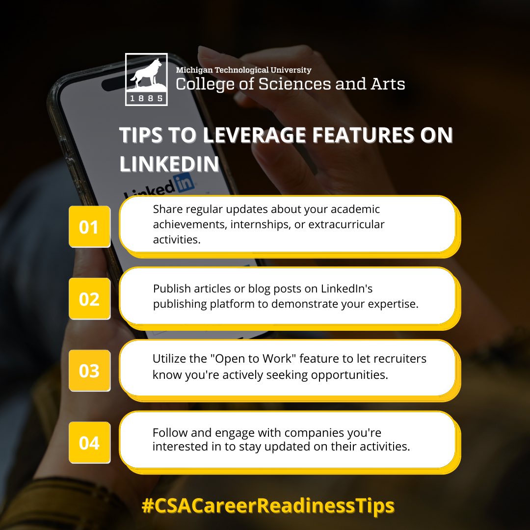 Tips to leverage features on LinkedIn.

#week3 
#csacareerreadinesstips #csa #mtu #huskies