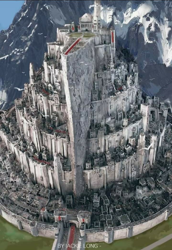 ElAnilloUnico's tweet photo. Minas Tirith, la monumental capital de Gondor, símbolo de su poder y de la resistencia de los Pueblos Libres ante la opresión de Sauron.

La ciudad era un prodigio de la ingeniería Númenóreana, aprovechando las facilidades que la naturaleza ofrecía. Anarion eligió una elevación de roca, casi simétrica, unida por una estribación a las faldas orientales del Monte Mindolluin, y de la que asomaba un afilado espolón a la manera de la quilla de un barco. La gran estribación y las paredes verticales de la montaña constituían un estratégico punto de fácil defensa, mientras que el espolón ofrecía unas fantásticas prestaciones de vigilancia: aprovechando estas facilidades, el príncipe Númenóreano fortificó el perímetro del cerro, al que llamó Colina de la Guardia e inició la construcción de la plaza.

Más de tres mil años después la ciudad era la más grande y poderosa de toda la Tierra Media.

Artistas 🎨 Jackie Long

#Tolkien #ESDLA #LOTR #Gondor
