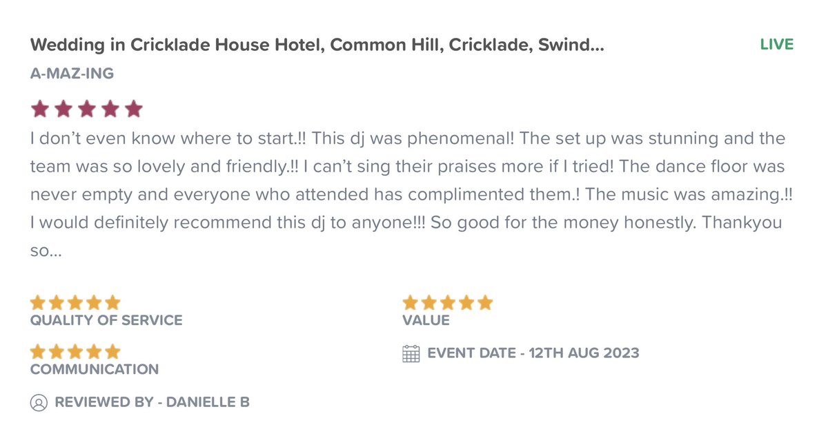sightnsound1980's tweet photo. Another 5 star review!
⭐️⭐️⭐️⭐️⭐️
🎧#WeddingDJ
🪩#WeddingDisco
⬜️#Dancefloor
💡#Uplights
🤍#LOVEletters
💨#LowSmoke
Thank you https://t.co/ZQKeMpI2fc