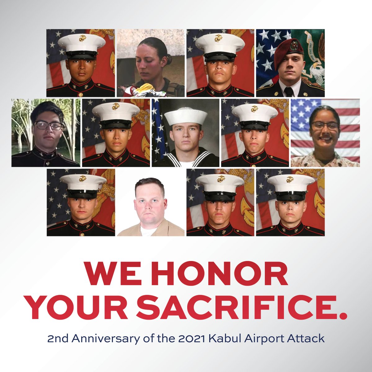 GarySiniseFound's tweet photo. 2 years ago, our nation lost 13 brave service members at the bombing at Kabul airport and the sacrifice at Abbeygate. They deployed to Hamid Karzai International Airport and acted with courage &amp; selflessness. Join us today in honoring these thirteen brave heroes. Semper Fidelis. https://t.co/ic8kWDZS44